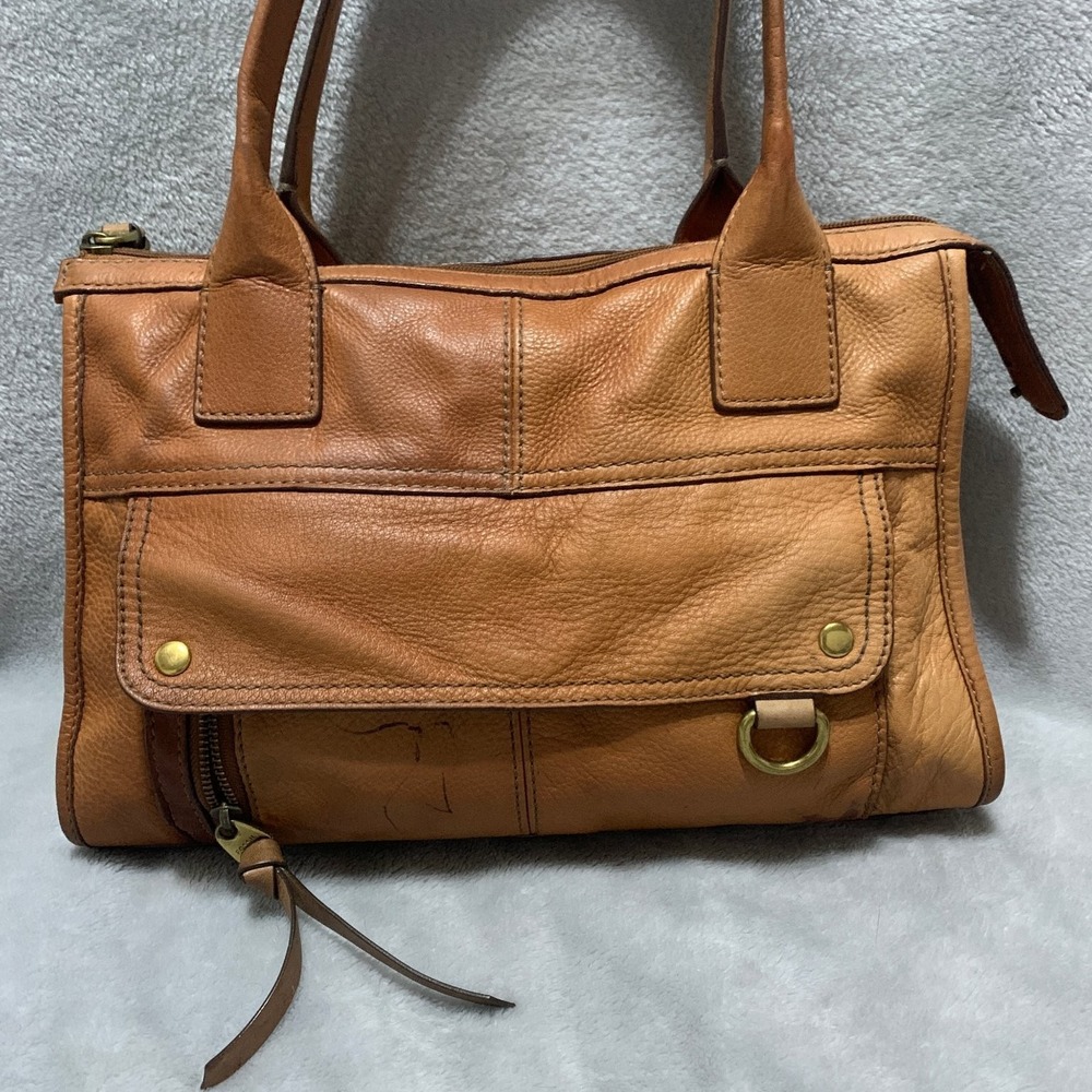 Fossil Women's Tan Leather Handbag Shoulder Bag Top Zip Pockets Flaw - Picture 4 of 16